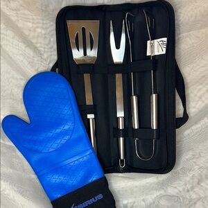 Stainless Steel BBQ Tool Set with Blue Mitt